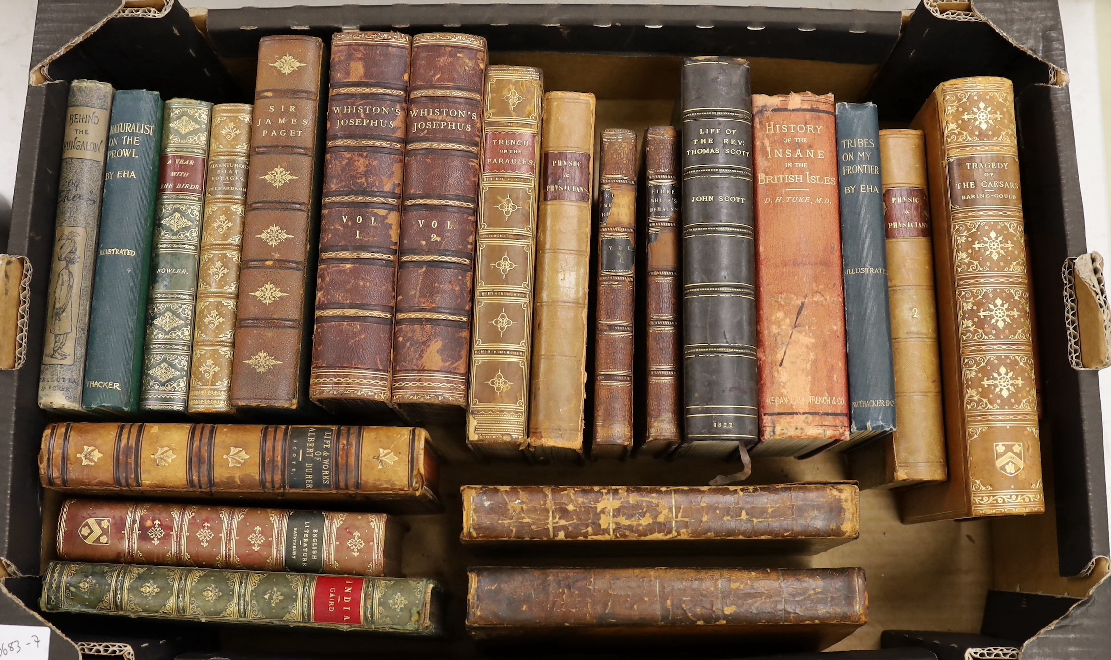 A box of assorted bindings including Denham- Travels and Discoveries in Africa 1826 (2 volumes)